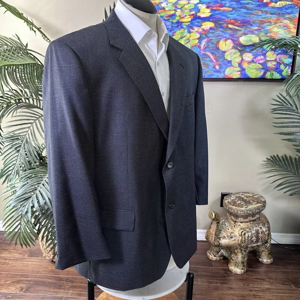 Joseph & Feiss Men 48S Glenn Plaid Wool Charcoal slate blue